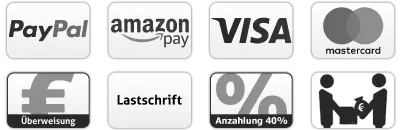 Zahlen Sie via Paypal, Amazon Pay, Kreditkarte, Überweisung oder Lastschrift