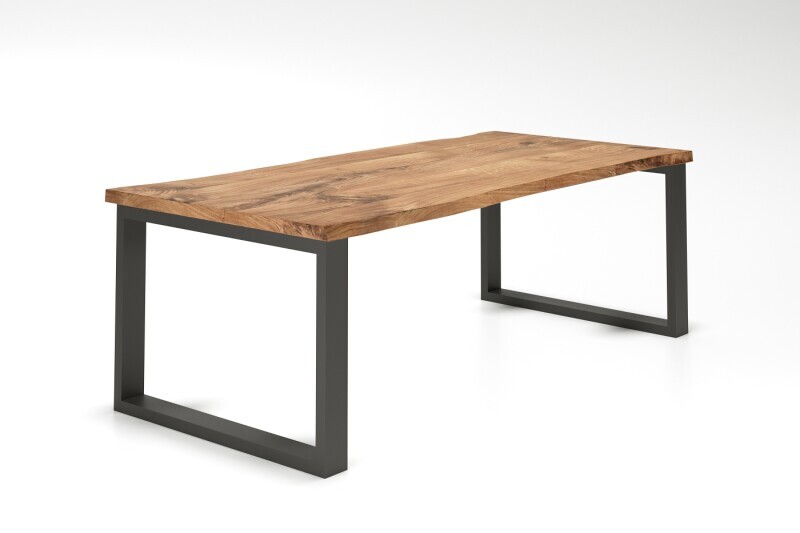 Holztischplatte aus Eiche mit Baumkante und Metallgestell nach Maß vom Modell Kettil