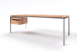 nach Maß angefertigter Schreibtisch modern aus Eiche Altholz mit Stahl Untergestell minimalistisch