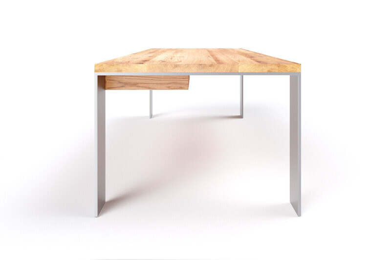 Moderner Eichenholz Schreibtisch Hartok mit Flachband Tischbeinen aus Metall und Schubfach Container