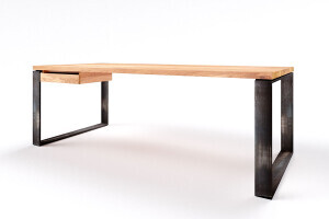 Design Eiche Schreibtisch massiv mit Metall-Tischkufen und Schublade