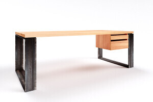 Moderner Schreibtisch aus Naturholz und Kufen aus Stahl