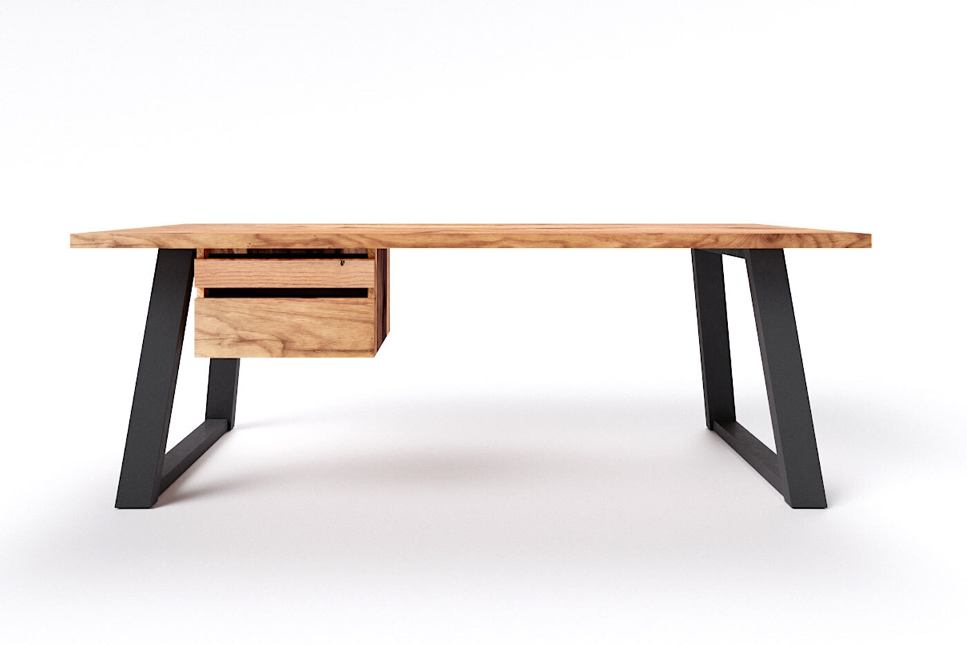 Moderner Massivholz Schreibtisch mit schrägen  Metall Tischkufen und Schubladen