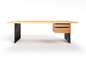 Norvik Schreibtisch nach Maß in astfreier Eiche mit Metall Tischwangen und Schubladen