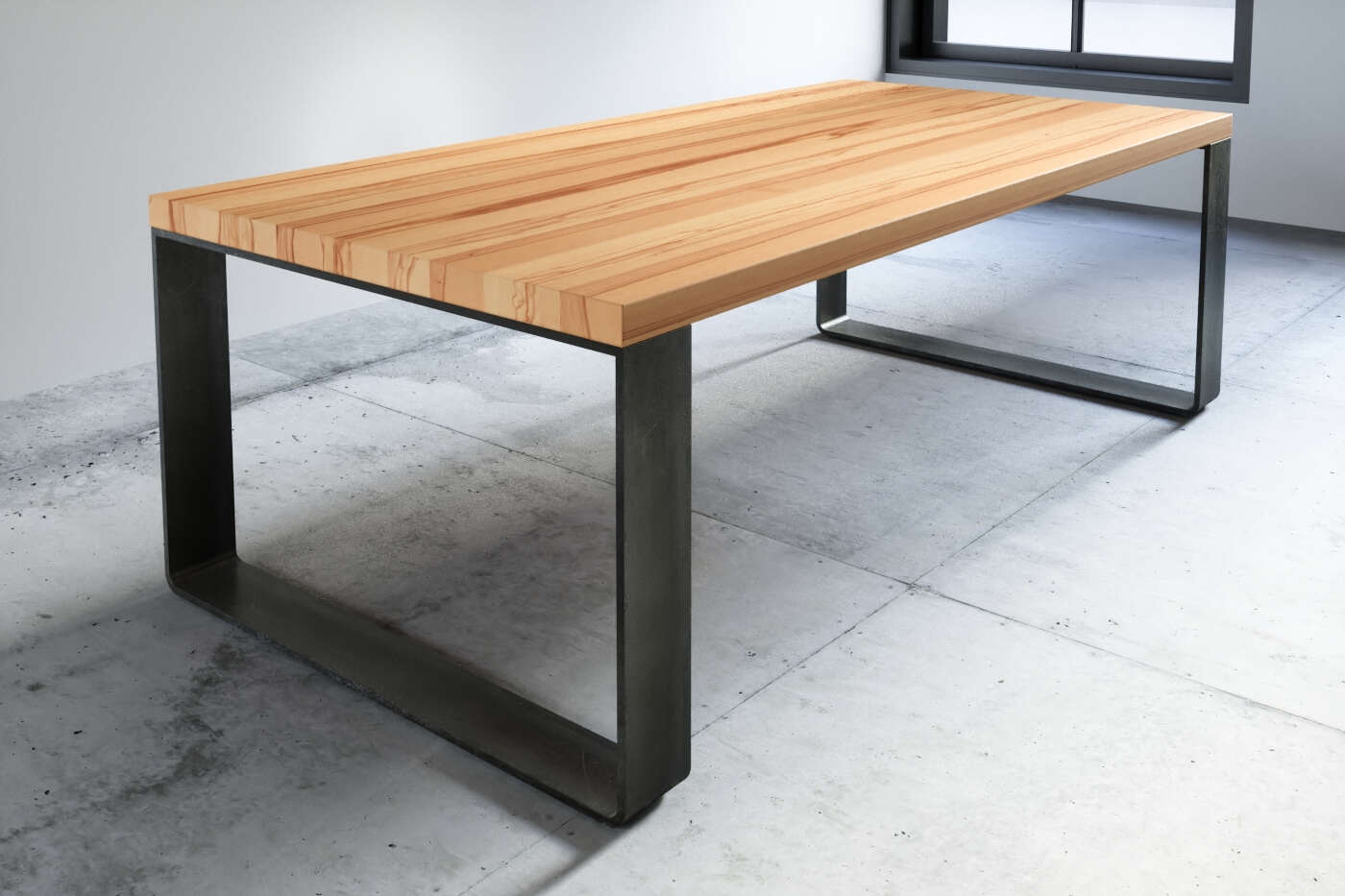 Buche Tisch Arlon 6cm aufgedoppelt mit Stahlband Tischkufen unten gerundet