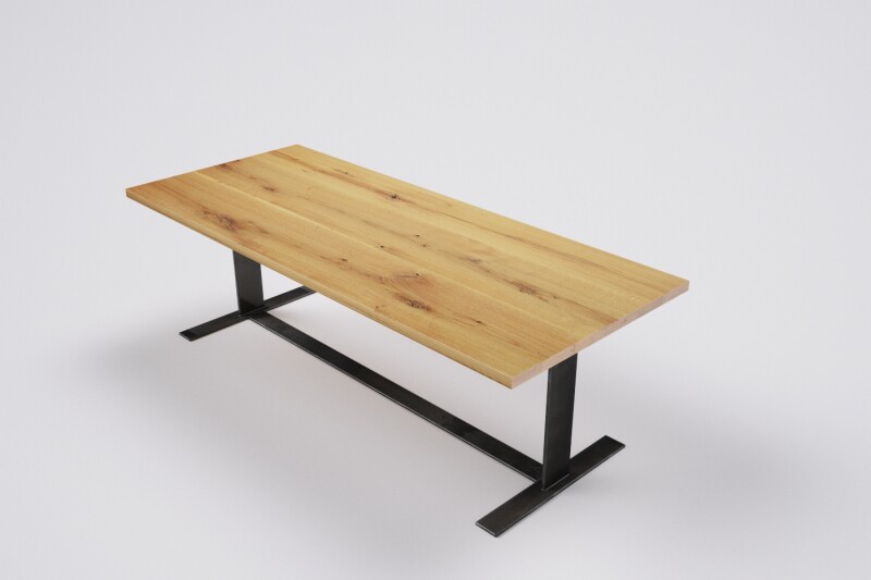 Moderner Tisch mit Metallgestell und Eichenplatte