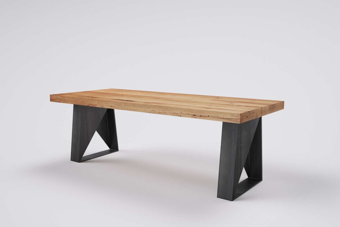Moderner Stahl Kufentisch mit Tischplatte in altem Eichenholz
