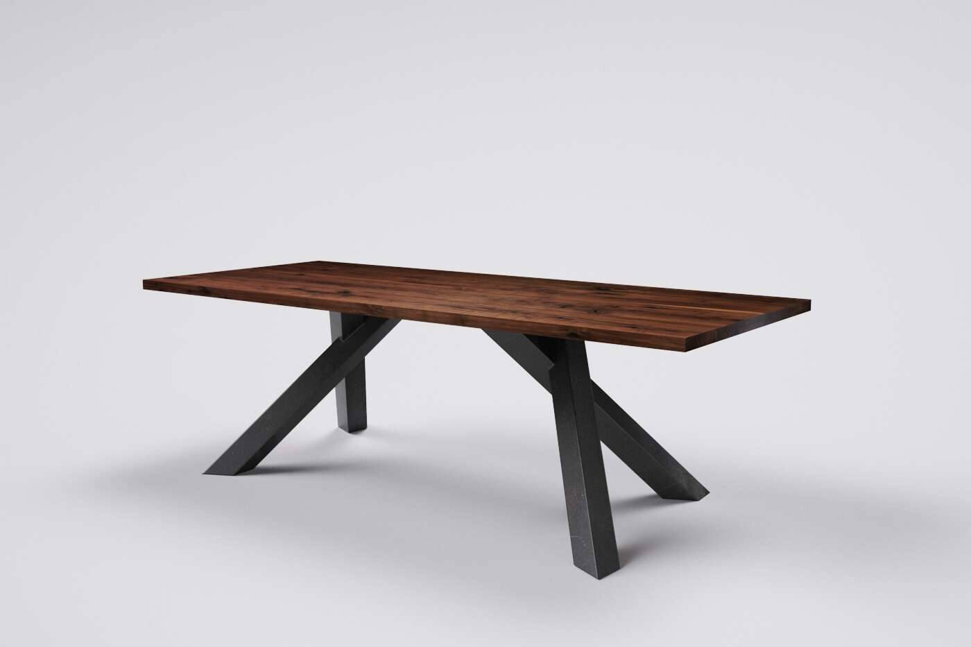 Moderner Nussholz Esstisch mit gekreuzten Metall-Tischbeinen