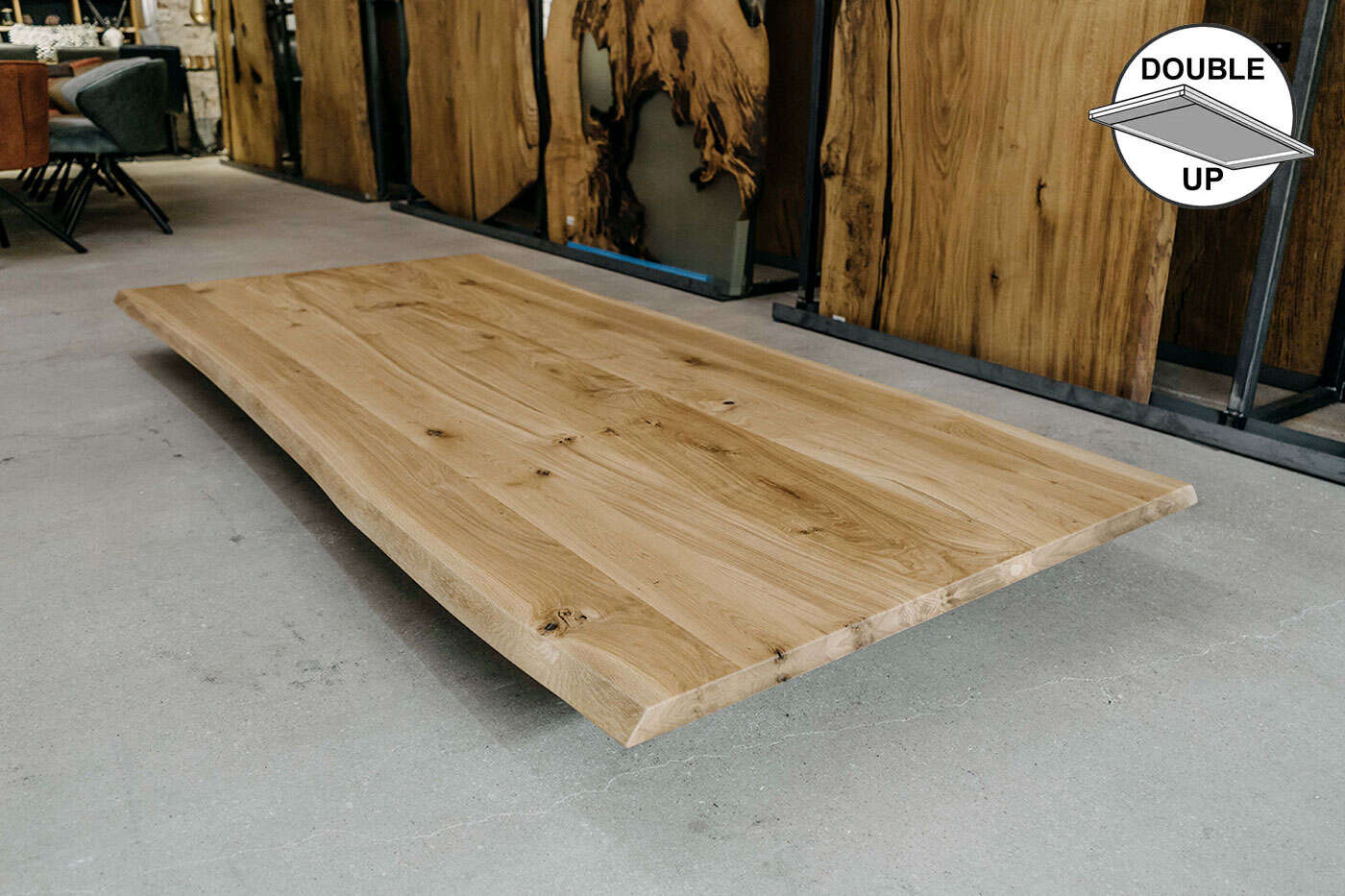 Naturbelassene aufgedoppelte Baumkanten Tischplatte Eiche 200x100x4 cm